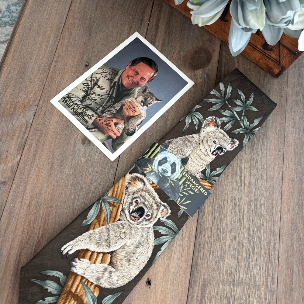 Endangered species Koala print tie and Jim Fowler autographed postcard